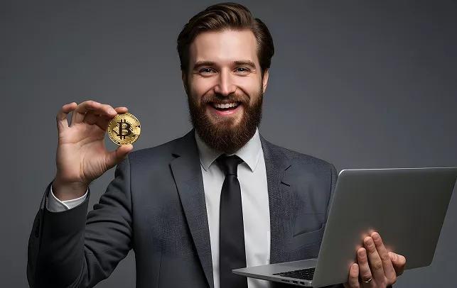 Confident Investor Holding Bitcoin and Laptop