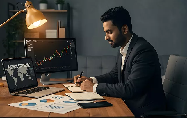 Man analyzing financial statistics with multiple monitors and tablet in office