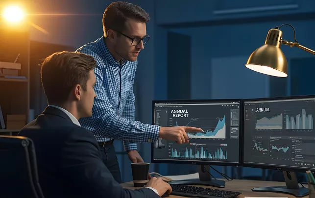 Business professionals reviewing growth charts and market reports