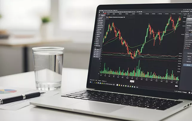 Laptop displaying stock trading charts with a glass of water and pen on the desk