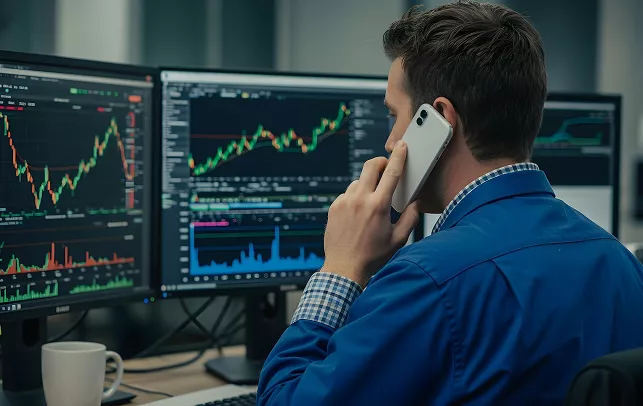 Professional trader monitoring multiple charts on several monitors