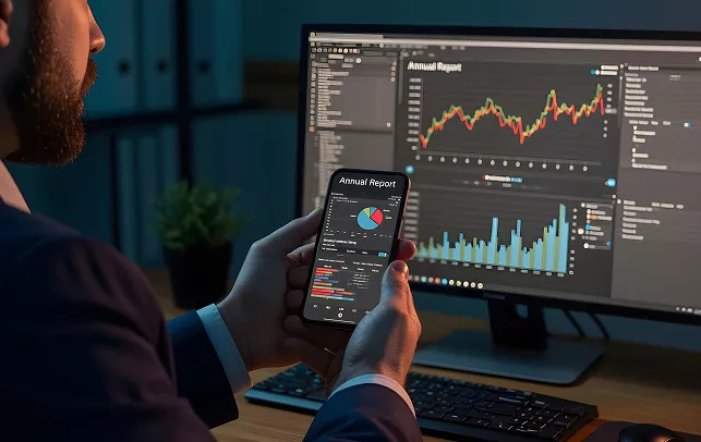 Man analyzing annual financial data on smartphone and monitor